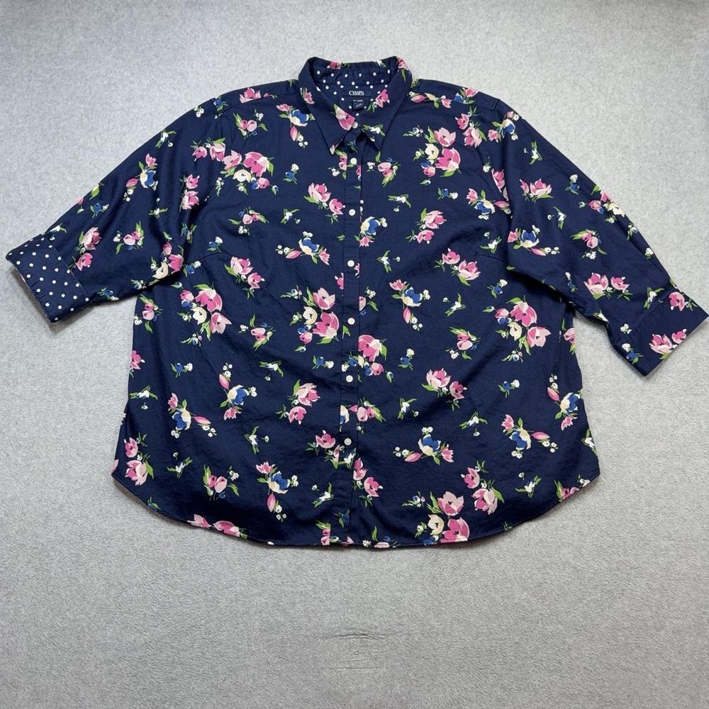Chaps Shirt Womens 3X Plus Blue Floral 3/4 Sleeve No Iron Button Front Top